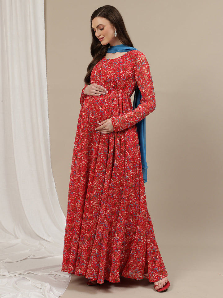 2pc. Red Maternity Gown with Dupatta