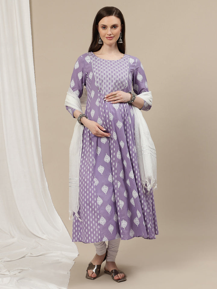 Maternity Cotton Anarkali Kurta with Dupatta- Lavender