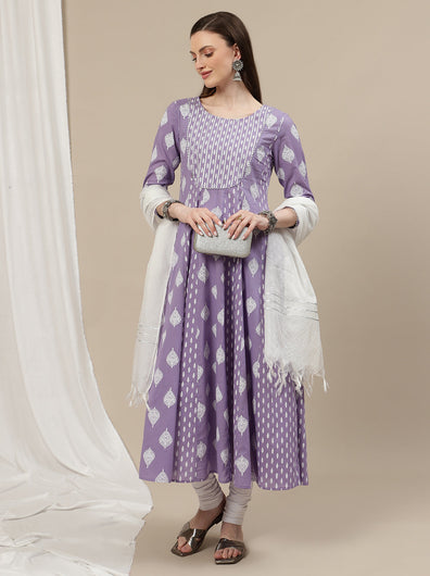3pc. Maternity Cotton Anarkali Kurta Set with Churidar & Dupatta- Lavender