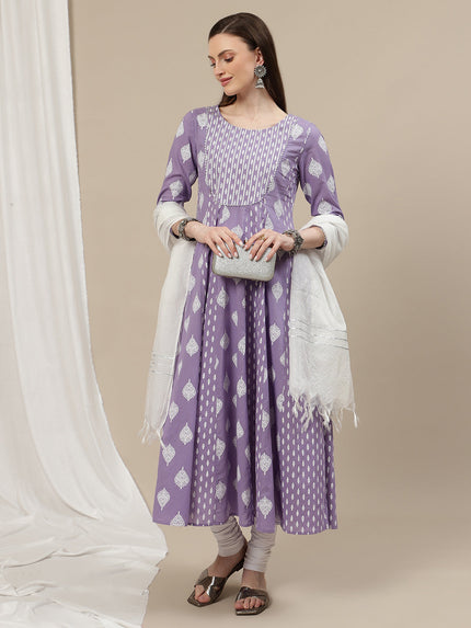Maternity Cotton Anarkali Kurta with Dupatta- Lavender