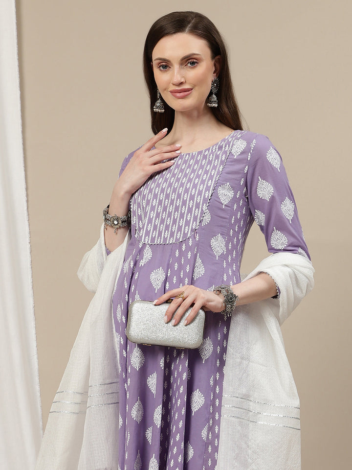 3pc. Maternity Cotton Anarkali Kurta Set with Churidar & Dupatta- Lavender