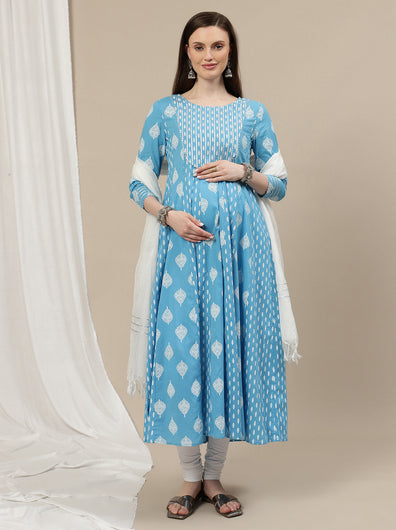 3pc. Maternity Cotton Anarkali Kurta Set with Churidar & Dupatta- Blue