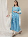 Maternity Cotton Anarkali Kurta with Dupatta- Blue