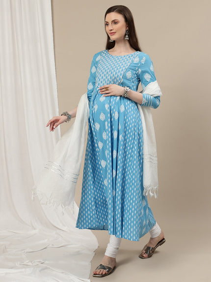 Maternity Cotton Anarkali Kurta with Dupatta- Blue