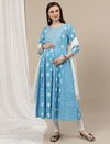 Maternity Cotton Anarkali Kurta with Dupatta- Blue