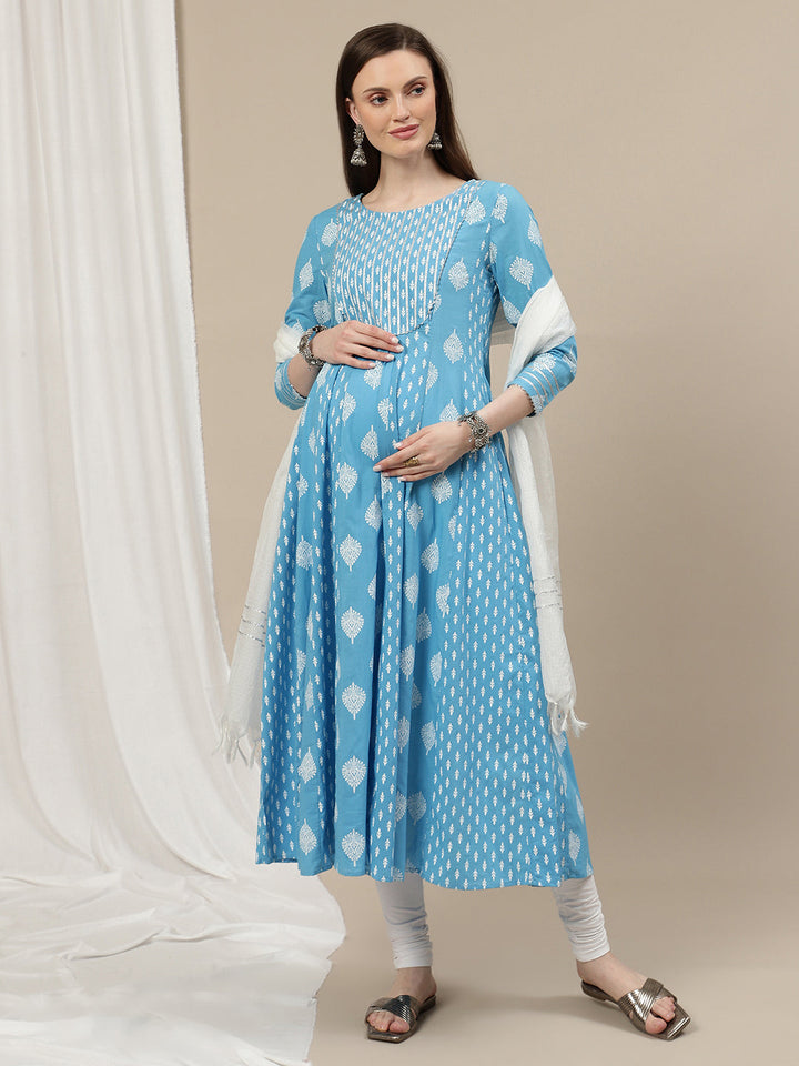Maternity Cotton Anarkali Kurta with Dupatta- Blue