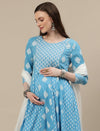 Maternity Cotton Anarkali Kurta with Dupatta- Blue
