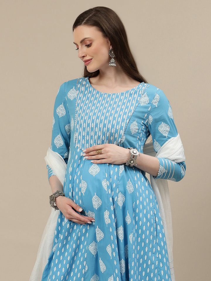 Maternity Cotton Anarkali Kurta with Dupatta- Blue