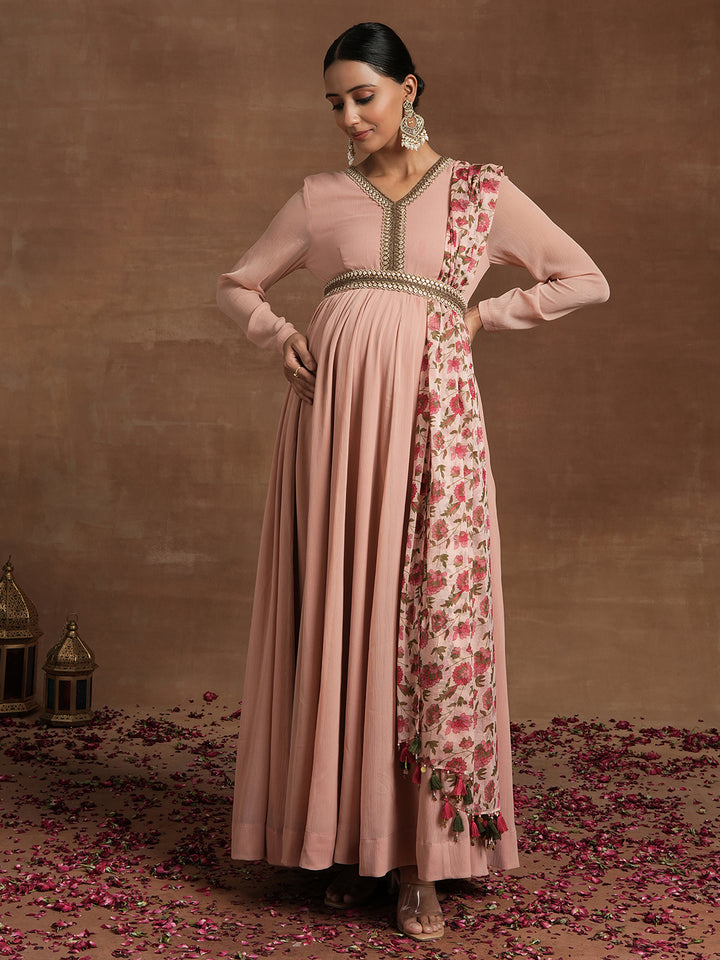 Maternity Anarkali with Embellished Yoke & Floral Dupatta
