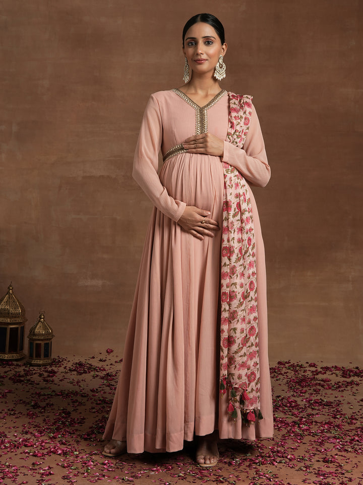 Maternity Anarkali with Embellished Yoke & Floral Dupatta