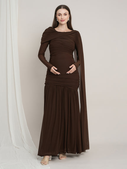 Maternity Draped Baby Shower Gown - Brown