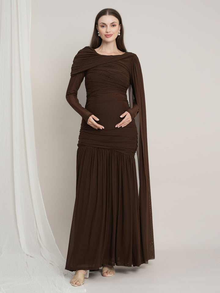 Maternity Draped Baby Shower Gown - Brown