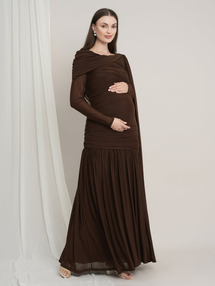 Maternity Draped Baby Shower Gown - Brown