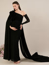 Maternity Black Bodycon Gown with Detachable Train and Sleeves