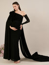 Maternity Black Bodycon Gown with Detachable Train and Sleeves