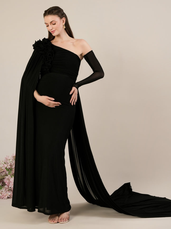 Black Bodycon Maternity Gown Detachable Train