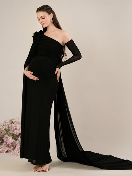 Maternity Black Bodycon Gown with Detachable Train and Sleeves