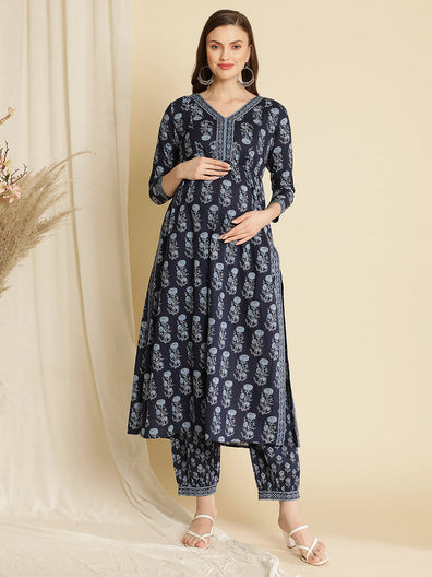 Maternity Blue Cotton Kurta