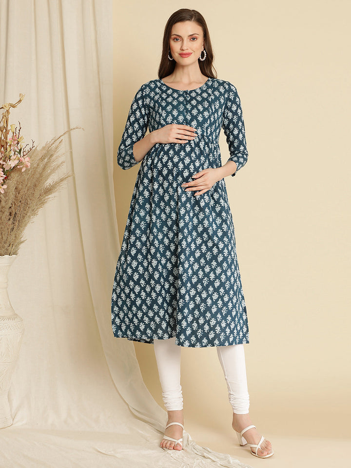 Maternity Blue Printed Kurta with Dupatta