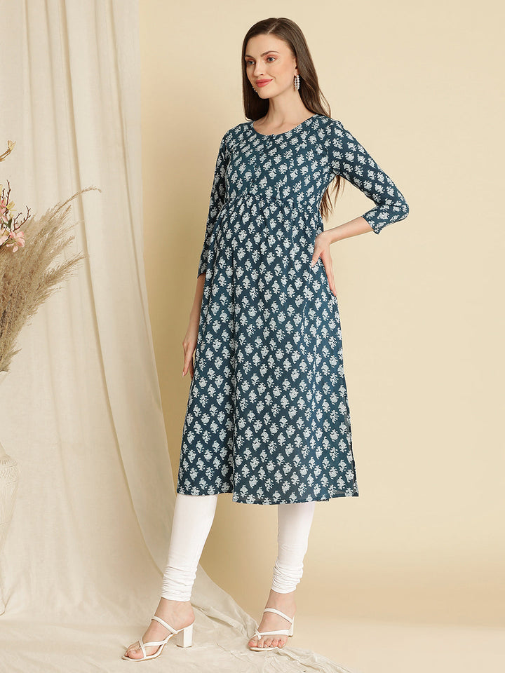 Maternity Blue Printed Kurta with Dupatta