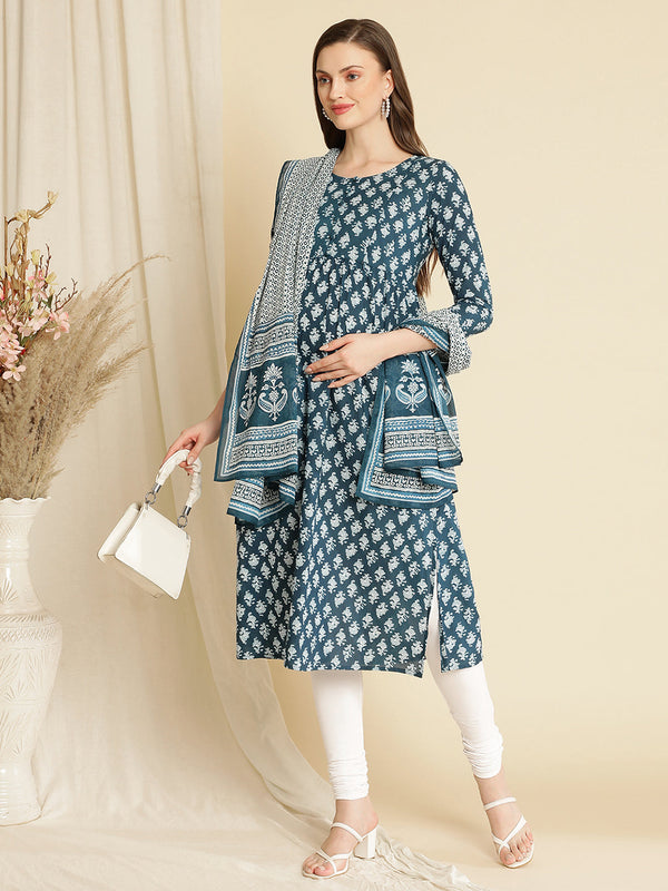 Maternity Blue Printed Kurta with Dupatta