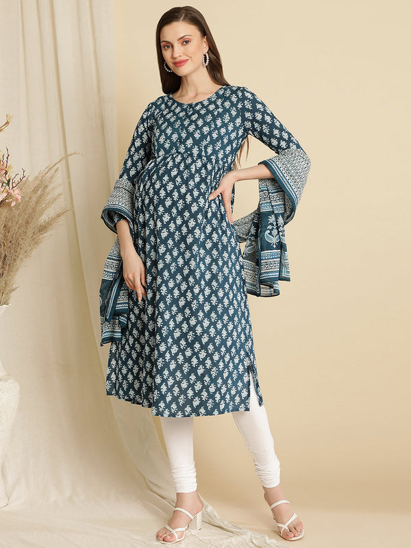 Maternity Blue Printed Kurta with Dupatta