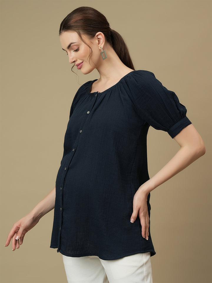 Maternity Blue Puff Sleeves Top