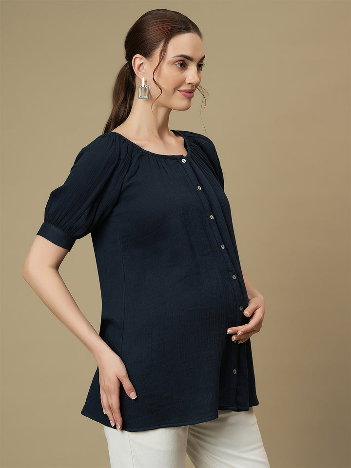 Maternity Blue Puff Sleeves Top