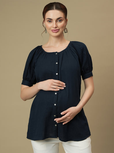 Maternity Blue Puff Sleeves Top
