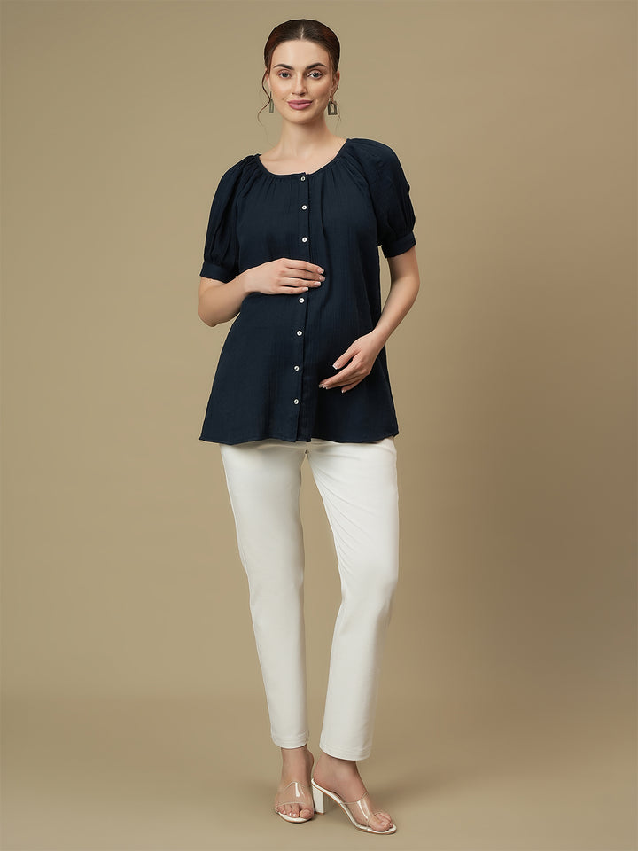 Maternity Blue Puff Sleeves Top