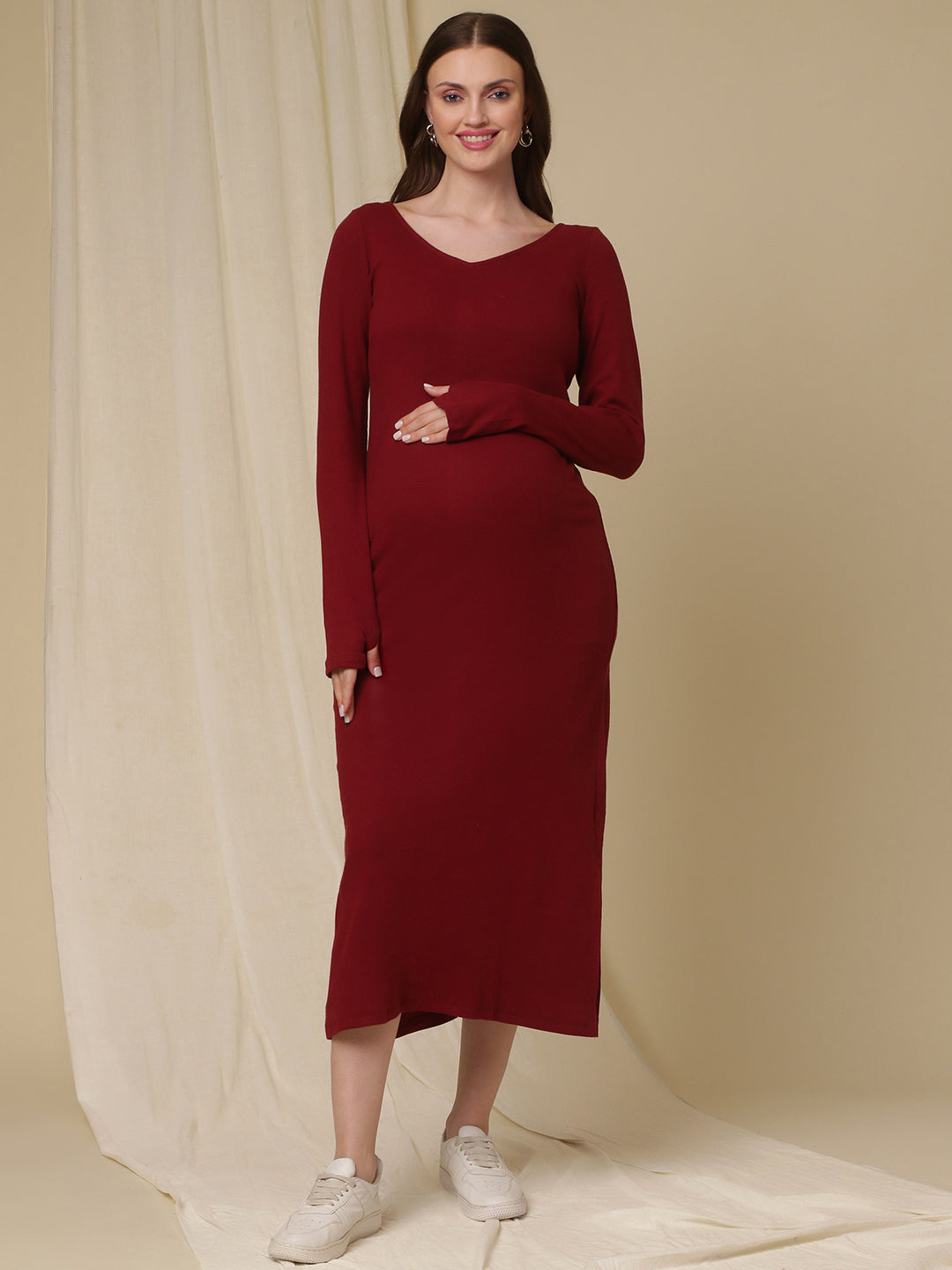 Maternity Ribbed Bodycon Maxi Dress- Burgundy