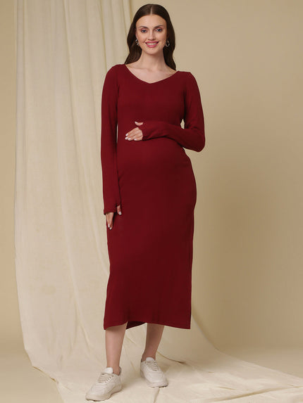 Maternity Ribbed Bodycon Maxi Dress- Burgundy Maternity Ribbed Bodycon Maxi Dress- Burgundy