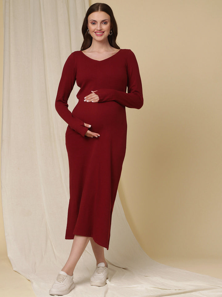 Maternity Ribbed Bodycon Maxi Dress- Burgundy