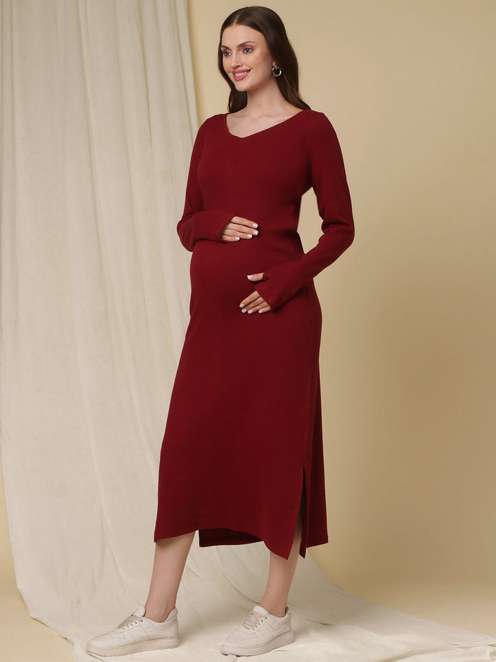 Maternity Ribbed Bodycon Maxi Dress- Burgundy