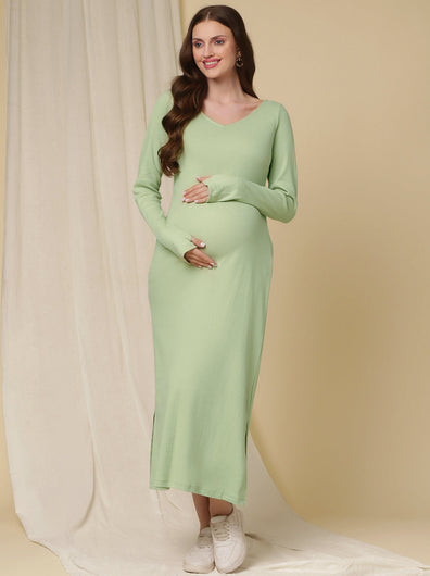 Maternity Ribbed Bodycon Maxi Dress- Green