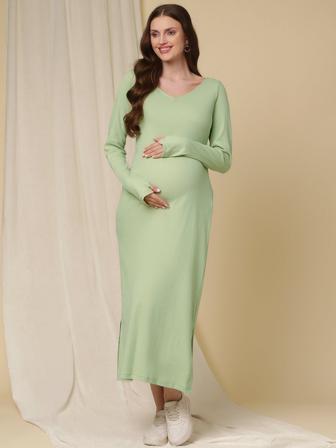 Maternity Ribbed Bodycon Maxi Dress- Green Maternity Ribbed Bodycon Maxi Dress- Green