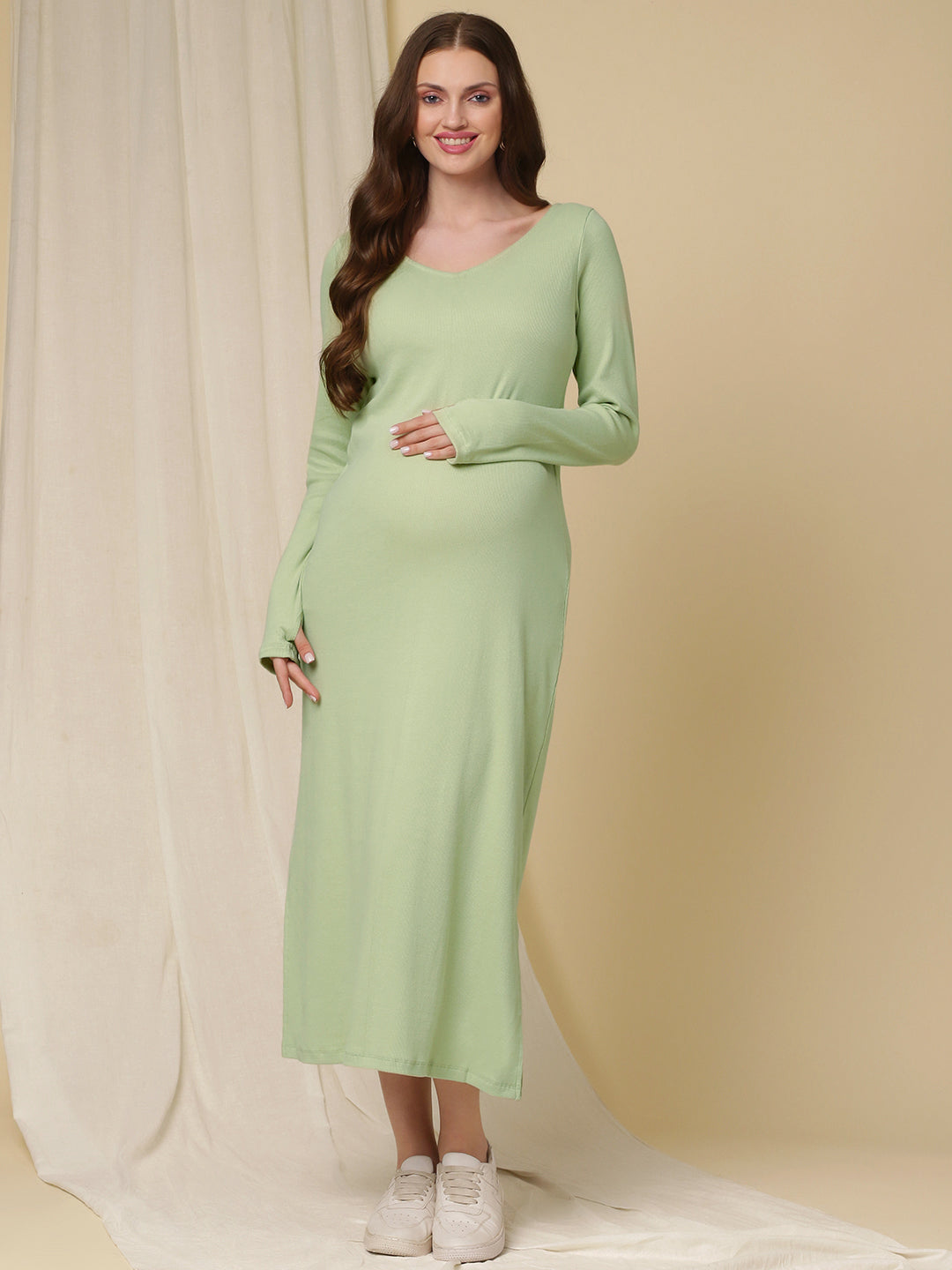 Maternity Ribbed Bodycon Maxi Dress- Green