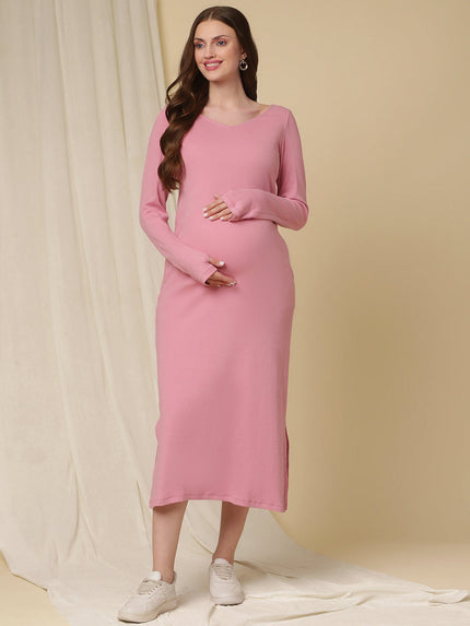 Maternity Ribbed Bodycon Maxi Dress- Pink Maternity Ribbed Bodycon Maxi Dress- Pink