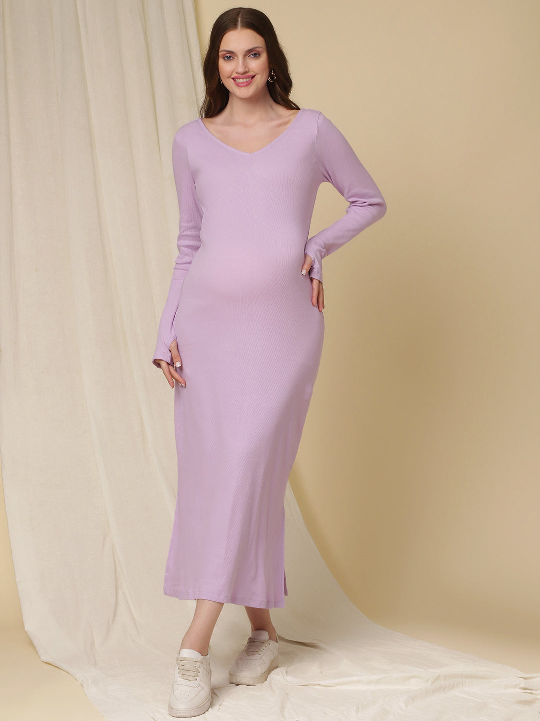 Maternity Ribbed Bodycon Maxi Dress- Purple