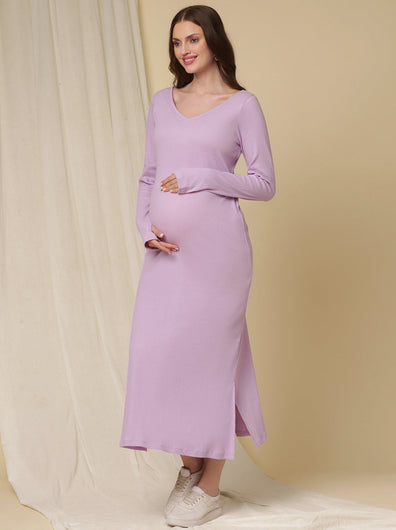 Maternity Ribbed Bodycon Maxi Dress- Purple