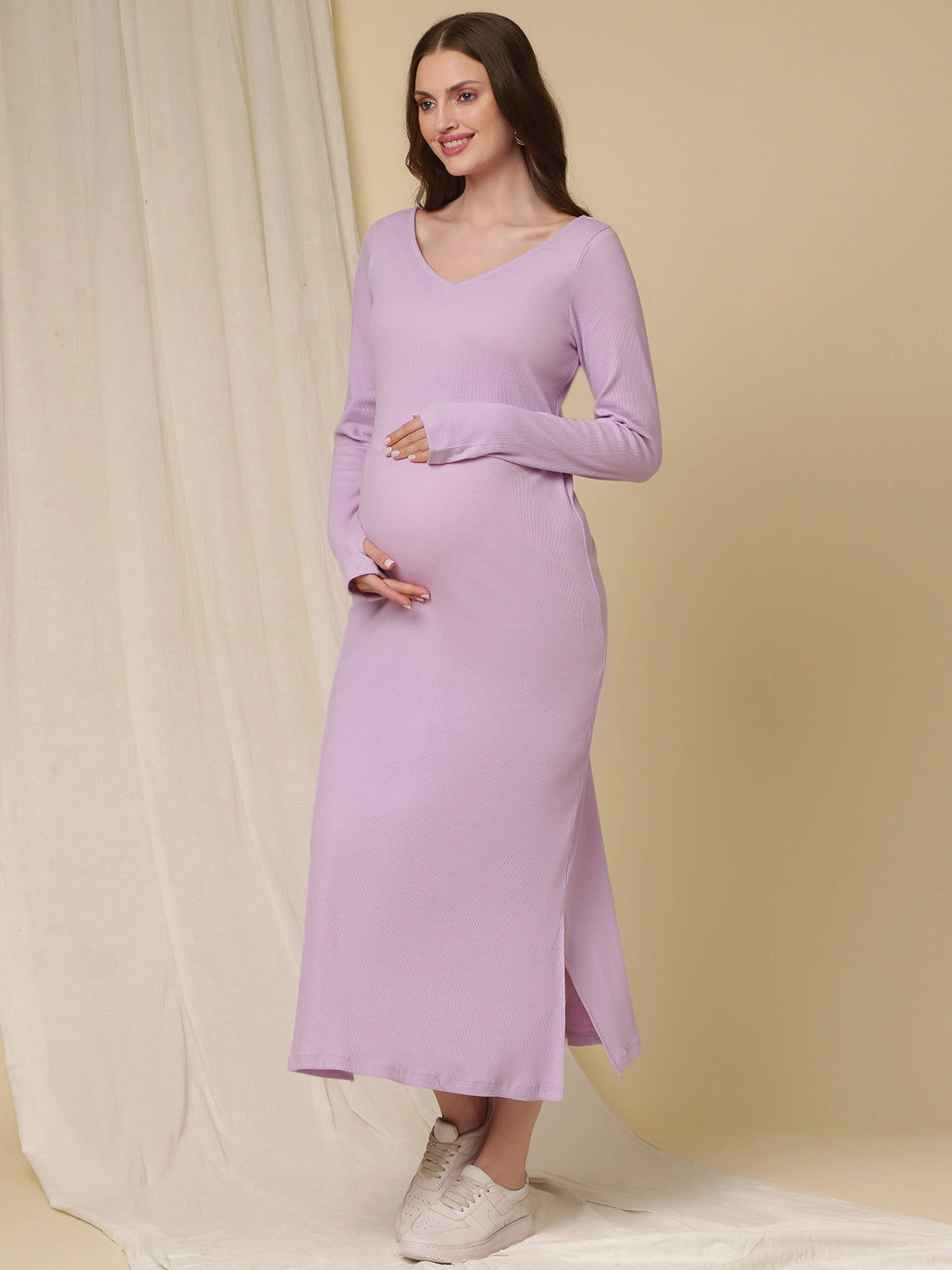 Maternity Ribbed Bodycon Maxi Dress- Purple - Main Image