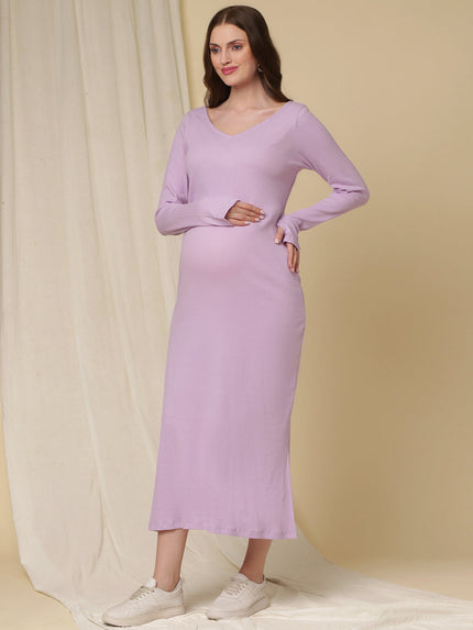 Maternity Ribbed Bodycon Maxi Dress- Purple Maternity Ribbed Bodycon Maxi Dress- Purple