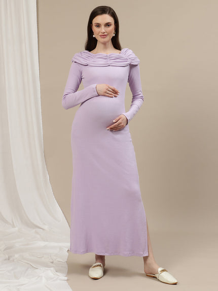 Boat Neck Maternity Bodycon Dress- Lilac Boat Neck Maternity Bodycon Dress- Lilac
