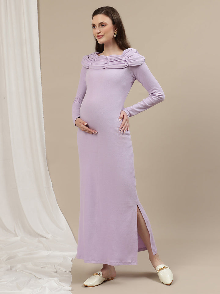 Boat Neck Maternity Bodycon Dress- Lilac