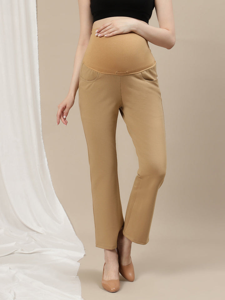 Ultra-Stretch Bootcut Maternity Pants- Beige - Main Image