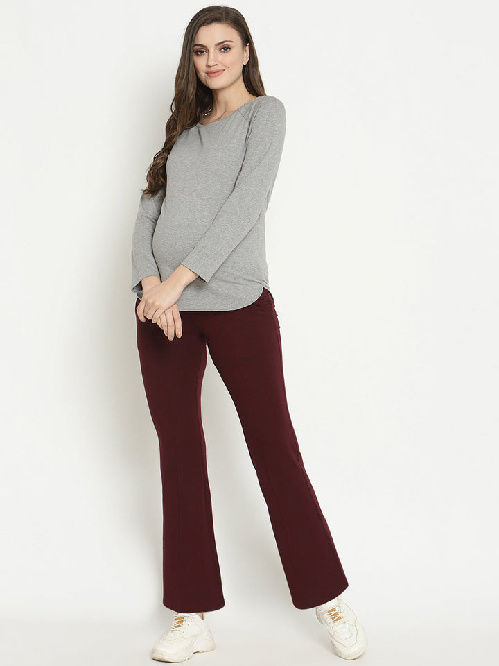Maternity French Terry Bootcut Pants- Wine Berry
