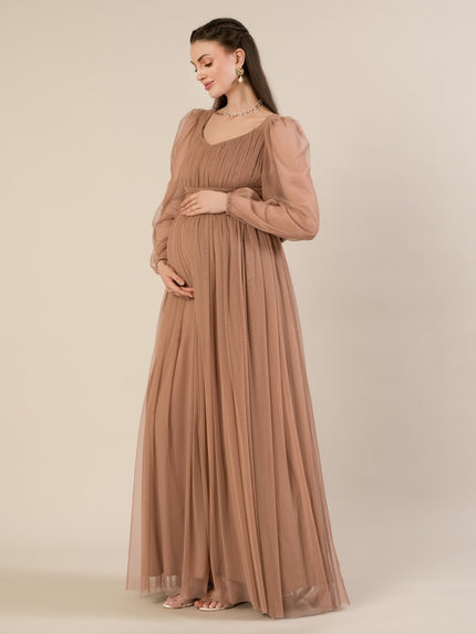 Maternity Brown Tulle Gown with Detachable Train
