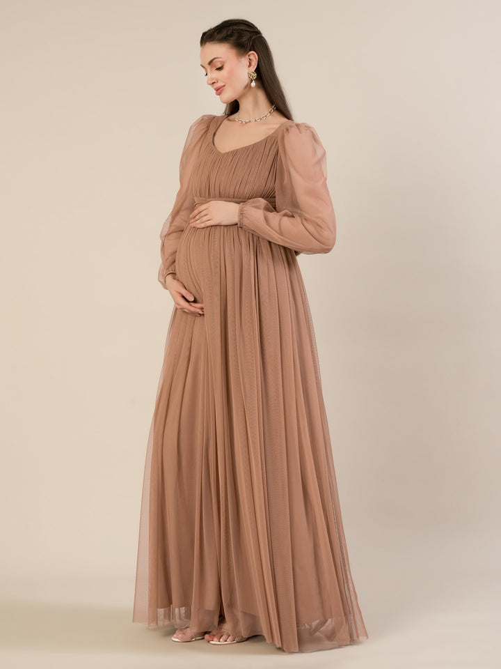 Maternity Brown Tulle Gown with Detachable Train