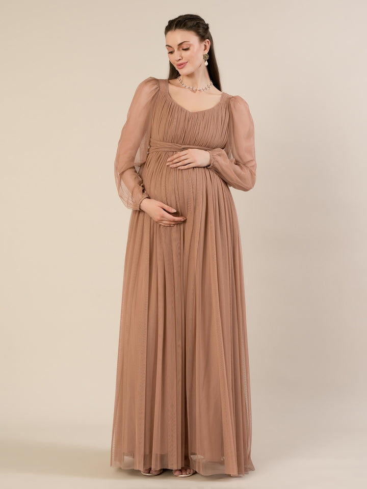 Maternity Brown Tulle Gown with Detachable Train