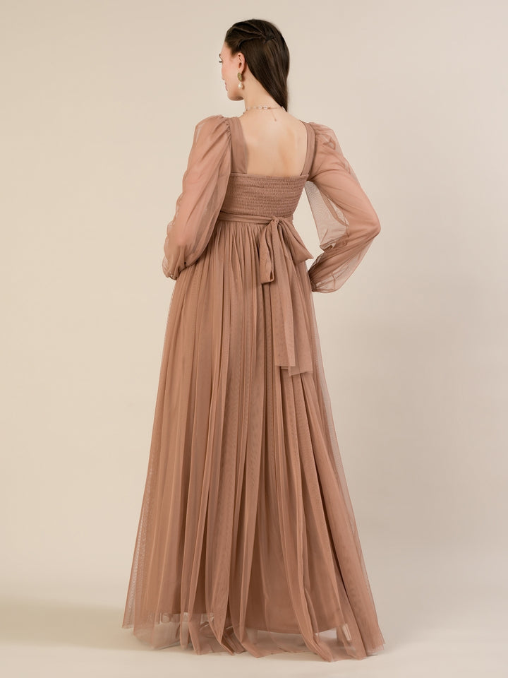 Maternity Brown Tulle Gown with Detachable Train